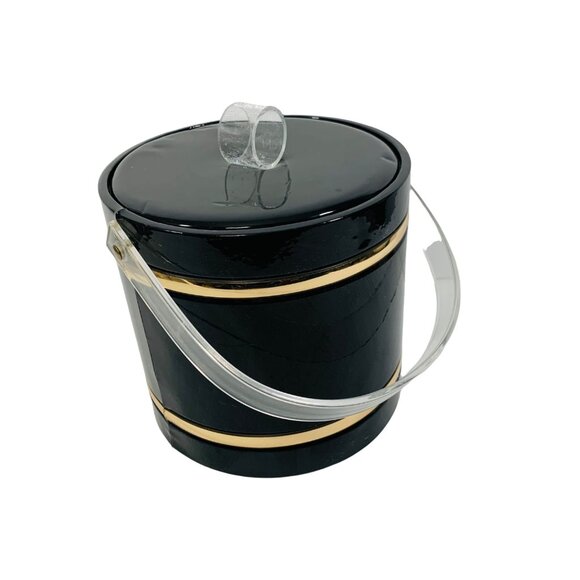 MCM Black Gold Ice Bucket Lucite Lid Handle VTG Barware Bar Cart Regency Decor - Picture 6 of 13
